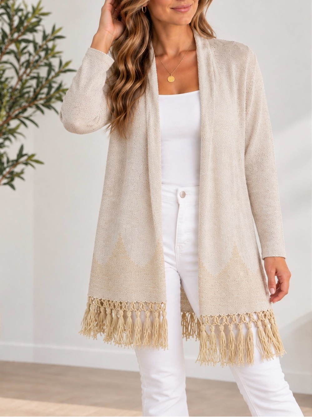 Lilly Pulitzer Tatum Metallic Knit Longline Fringe Open Cardigan L Cotton